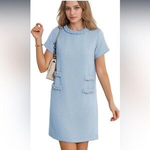 WomensTweed Jackie Dress Elegant Crew Neck Short Sleeve Button Bodycon MiniDress